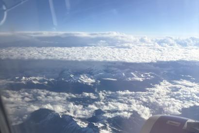 A photo of the French Alps from an airplane at cruising altitude 